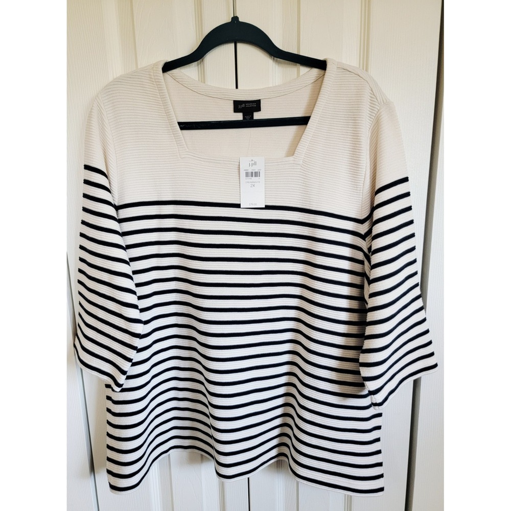 J. Jill Wearever 2X Ottoman Square-Neck Top‎ Cream Navy Blue Size 2X NWT RV $79